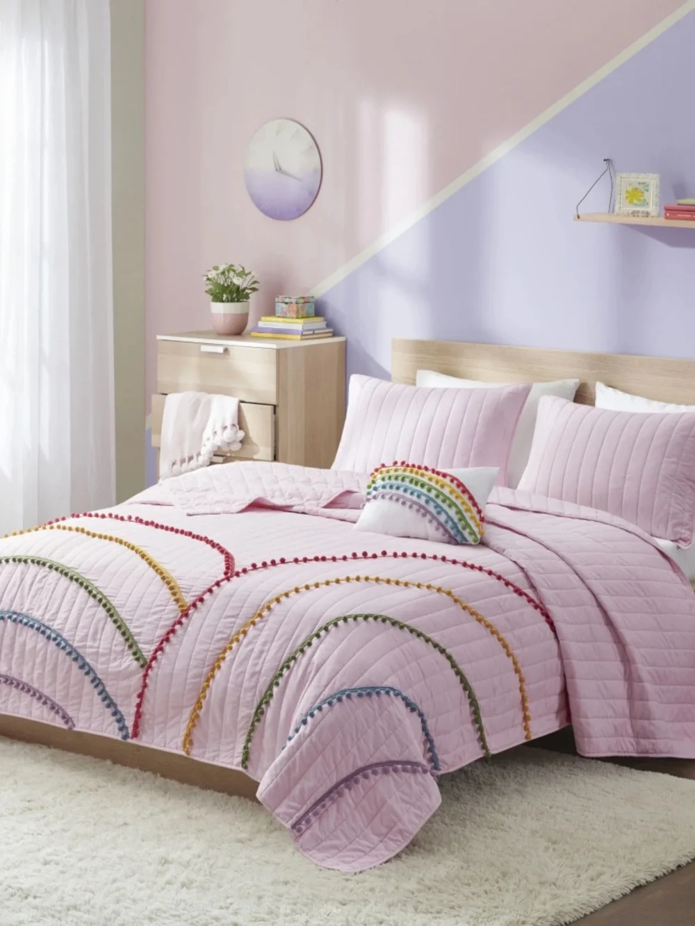Pink Rainbow Pom Pom 4 Piece Coverlet Set